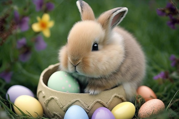 Cute small rabbit with many colourful easter eggs around Generative AI