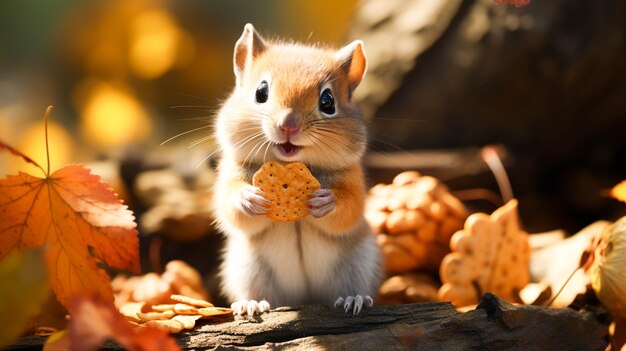 Cute small rodent sitting on a tree eating a nut