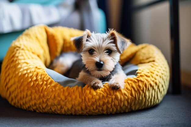 Cute small terrier dog lies on pet bed at home Generative AI