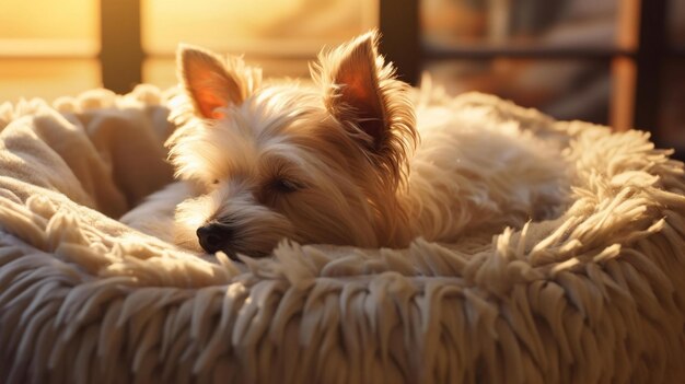 Cute small terrier dog resting on pet bed at home