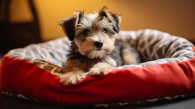 Cute small terrier dog resting on pet bed at home