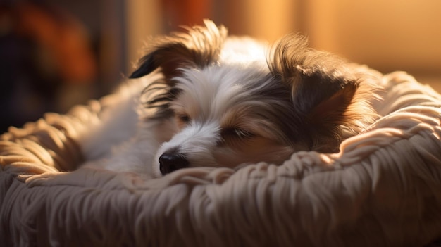 Cute small terrier dog resting on pet bed at home