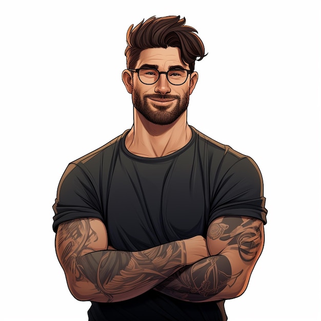 Photo a cute and smart muscular guy in glasses a tshirt and jeans with tattoos on his arms flat cartoon