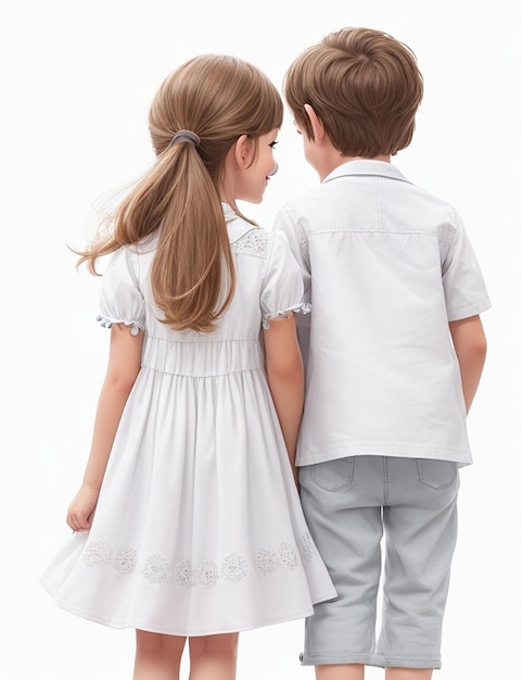 キュートな笑顔のセッションドレスを着た8歳の男の子と女の子