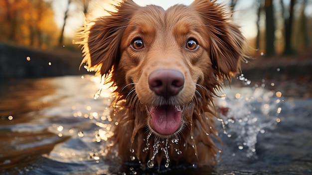 Cute smiley faced brown color adorable golden retriever dog portrait wide angle photo