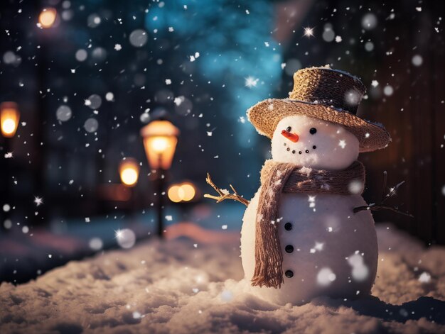 Photo cute smiley snowman decorated with scarf carrot hat standing on the street christmas times