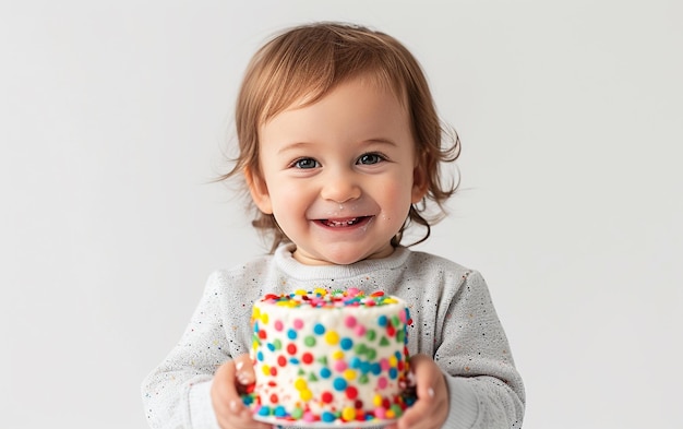 かわいい笑顔の赤ちゃんが誕生日ケーキを握っている