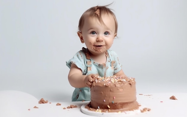 Cute smiling baby boy holding a birthday cake