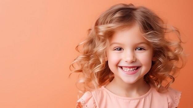 Cute smiling baby girl portrait close up peach fuzz colors