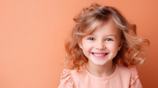 Cute smiling baby girl portrait close up peach fuzz colors