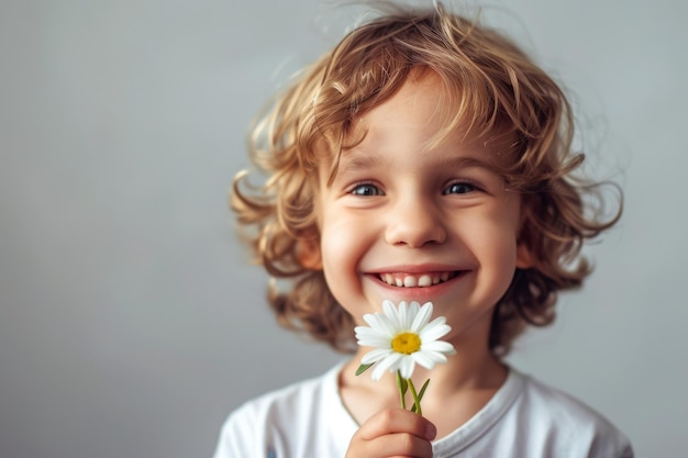 Милый улыбающийся мальчик держит цветок Генеративный ИИ