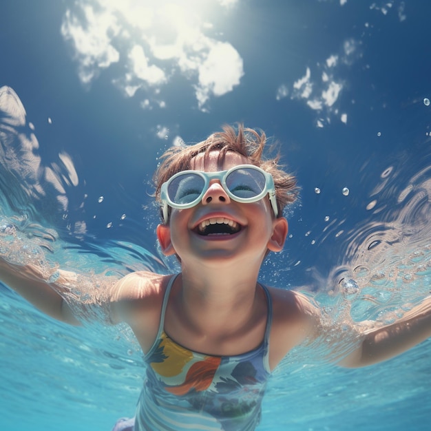 cute smiling boy swimming in pool