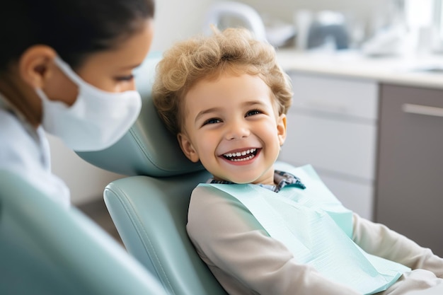 Cute smiling boy visits the dentist for checkup and treatment of teeth Generative AI illustration