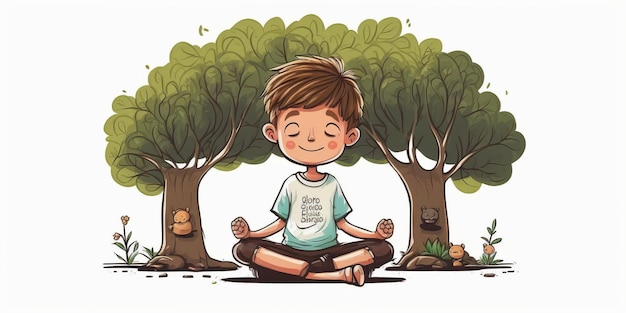 Cute smiling boy wearing shoes in lotus pose practicing yoga under a tree side pose