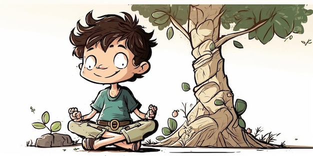 Cute smiling boy wearing shoes in lotus pose practicing yoga under a tree side pose