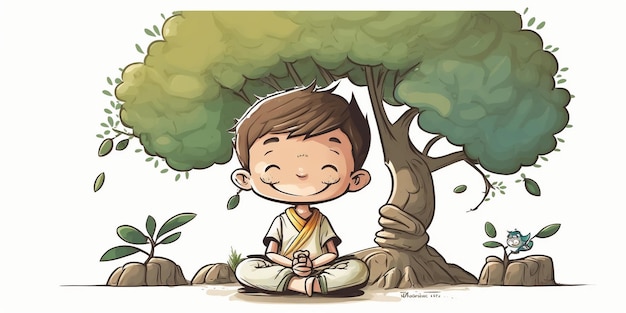 Cute smiling boy wearing shoes in lotus pose practicing yoga under a tree side pose