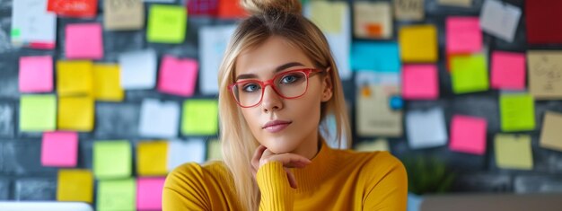 Photo cute smiling business girl in glasses in the office leaning on the table pasted stickers