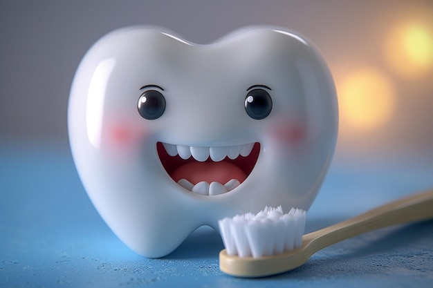 Милый улыбающийся мультфильмный зуб с зубной щеткой стоматологическая зубная концепция