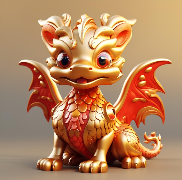 Cute smiling Chinese 3D dragon in gold and red