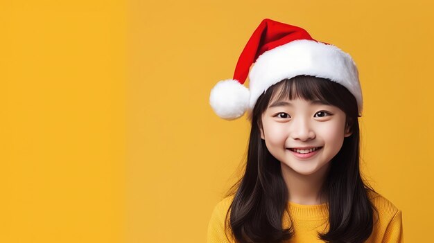 Cute smiling chinese girl wearing santa hat on yellow background copy space