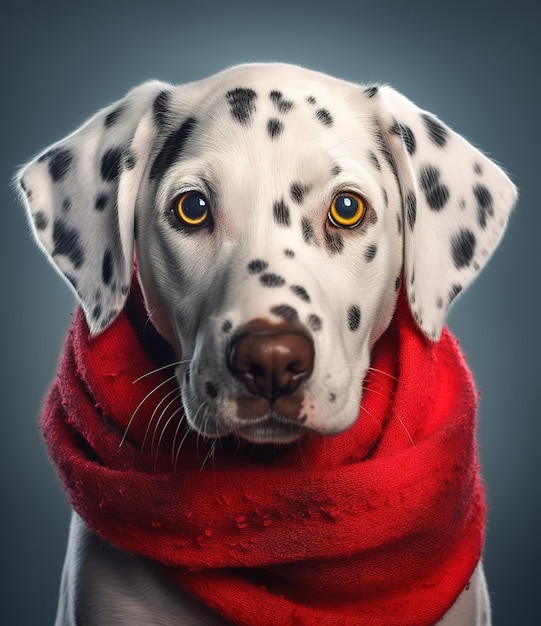 cute smiling Dalmatian dog with scarf in a grey background portrait