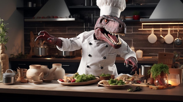 Cute and smiling dinosaur in chef uniform cooking dinner dinosaur the cool chef