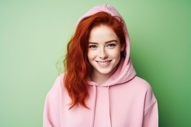 A cute smiling freckled redhead girl in a fashionable dress