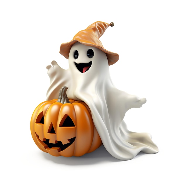 cute smiling ghost riding with pumpkin