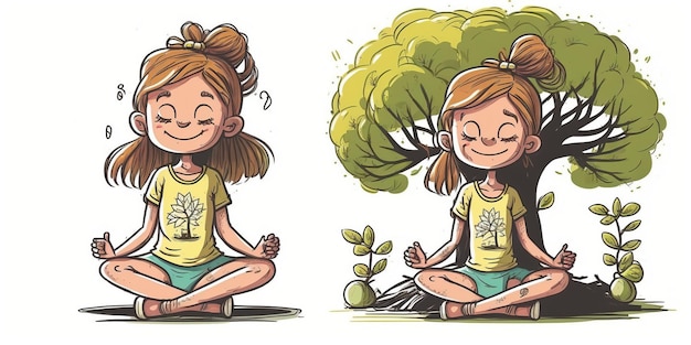 Photo cute smiling girl wearing shoes in lotus pose practicing yoga under a tree side pose