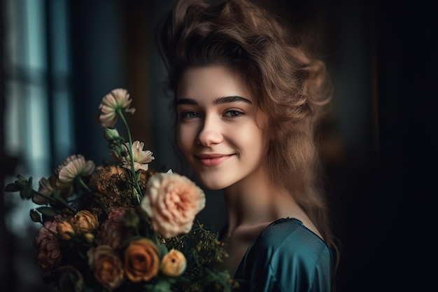 Cute smiling girl with a bouquet of flowers Generative AI content