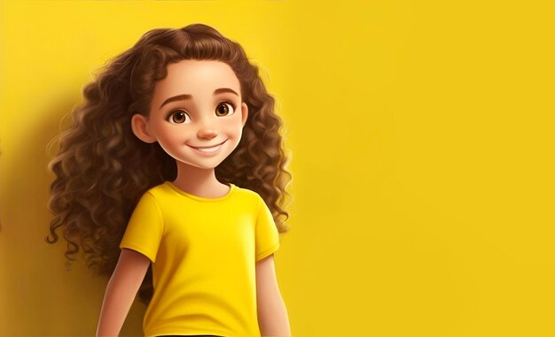 Cute smiling girl in a yellow Tshirt with curly hair on a yellow background in a 3d cartoon style ai