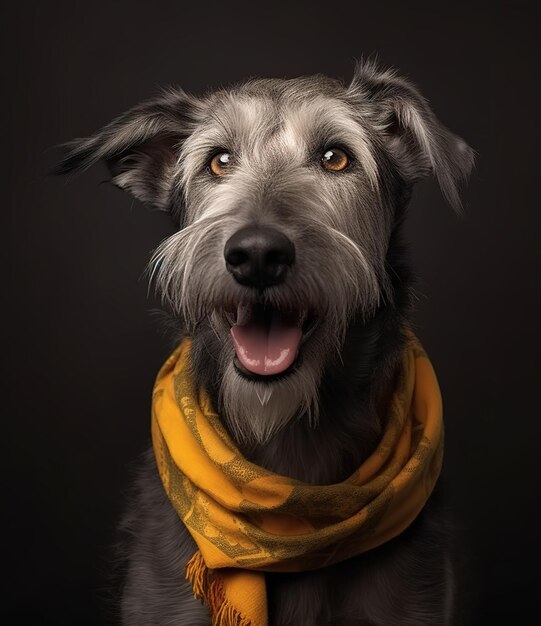 cute smiling Irish Wolfhound dog with scarf in a grey background portrait created by generative AI technology