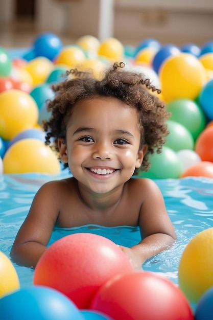 Cute smiling kid in sponge ball pool looking at camera