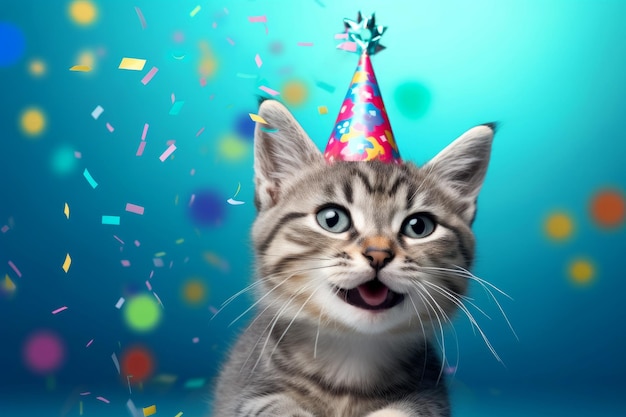 Simpatico gattino sorridente con cappello di compleanno genera ai