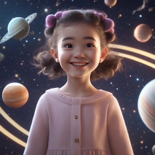 Cute smiling little girl on saturn in galaxy near planet and stars unreal engine lighting artsta