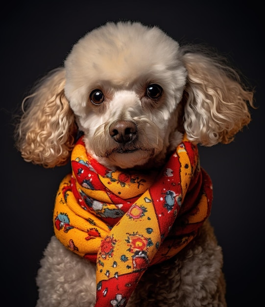 cute smiling Poodle with scarf in a grey background portrait created by generative AI technology