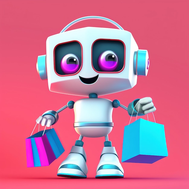 Cute smiling robot holding shopping bags over red background ge