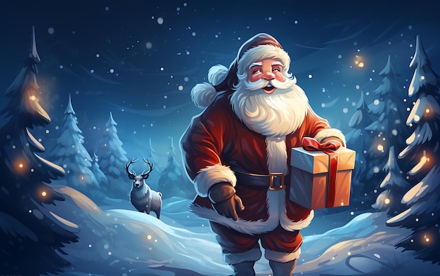 Симпатичный улыбающийся Санта-Клаус, указывающий на пустой рекламный баннер
