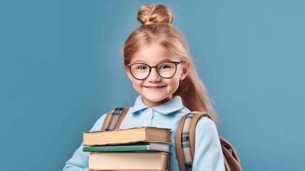 Cute smiling schoolgirl standing with books on blue background Created with Generative AI technology