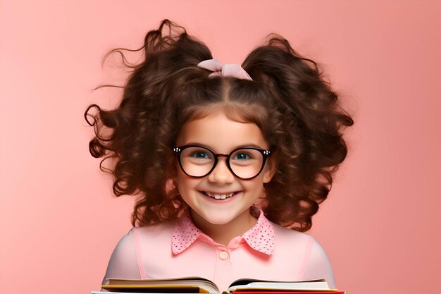 ピンクの背景に本を持つかわいい笑顔の女子高生学校に戻る生成 AI 2