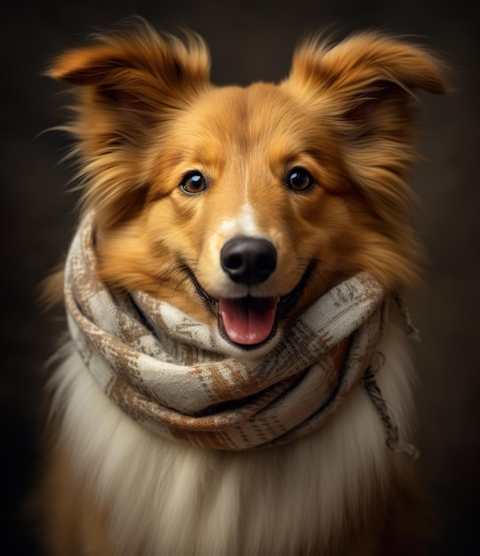 회색 배경에 스카프를 입은 귀여운 웃는 틀랜드 셰이프도그 (Shetland Sheepdog) 는 생성 AI 기술에 의해 만들어진 초상화입니다.