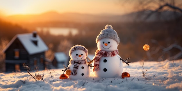 Foto un carino uomo di neve sorridente nel più grande della neve con uno sfondo bokeh un albero di natale e casa