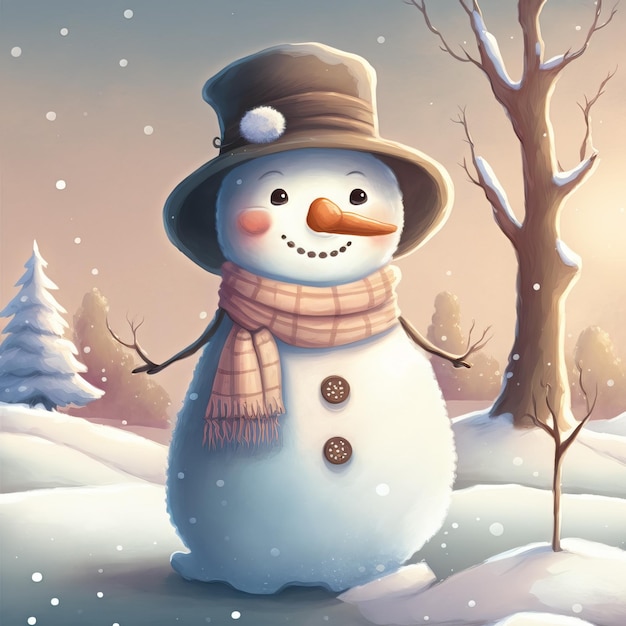 Cute smiling snowman in brown hat and scarf on winter background with firs and snowflakes Christmas illustration