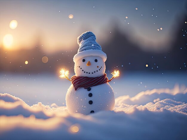 Cute smily snowman standing on snowy field ai generative