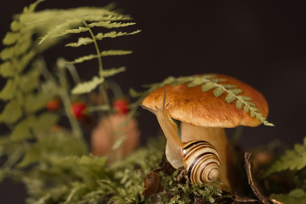 Cute snail with striped shell crawls around big boletus mushroom growing through moss and fallen leaves in the forest