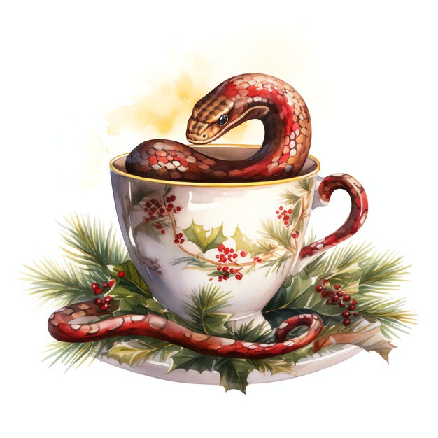 cute Snake christmas holiday fantasy tea party watercolor