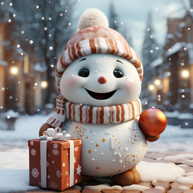 ギフトボックスを運ぶかわいい雪だるま