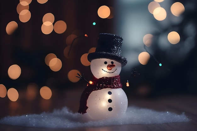 Cute snowman on christmas bokeh background