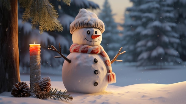 A cute snowman in a hat and scarf with flashlights is standing in the snow in the forest