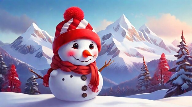 Photo cute snowman red hat snowy atmosphere high mountains behind generated by ai